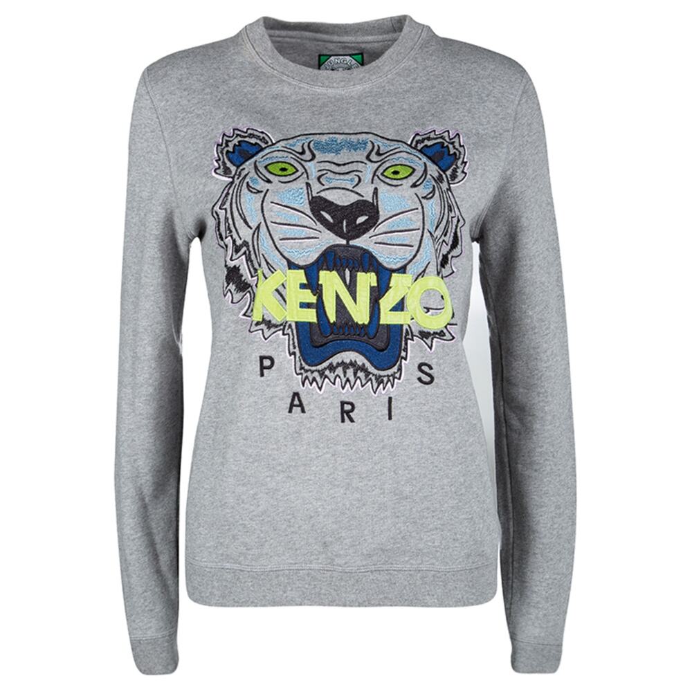 KENZO Embroidered Tiger Sweatshirt Stone Gray Blue Neon Yellow {J3}